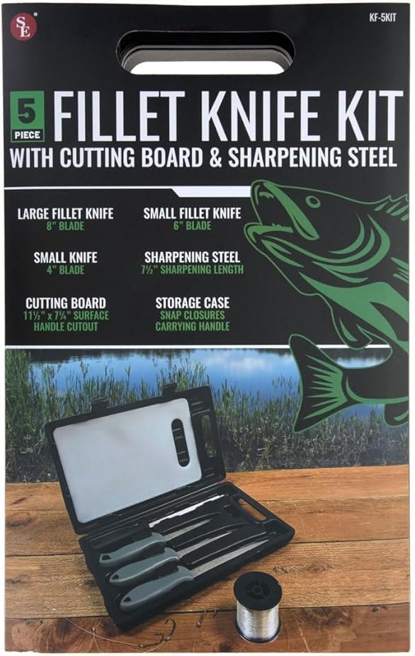 5 Pc Fillet knife Kit With Cutting Board & Sharpening Steel in Plastic Case