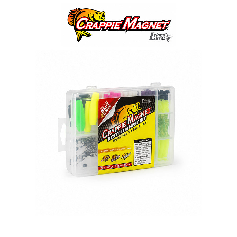 Leland's Lures Crappie Magnet Best of the Best 115-Piece Crappie Fishing Kit Assorted Colors with 96 Bodies, 15 Double Cross Jig Heads and 4 E-Z Floats