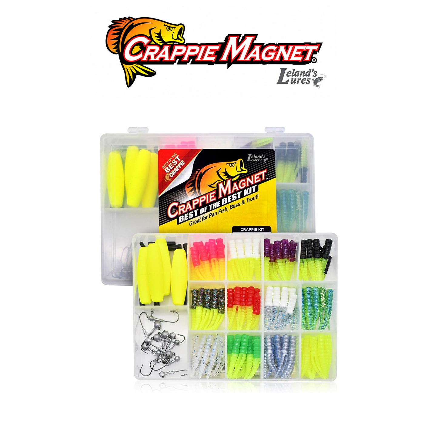 Leland's Lures Crappie Magnet Best of the Best 115-Piece Crappie Fishing Kit Assorted Colors with 96 Bodies, 15 Double Cross Jig Heads and 4 E-Z Floats