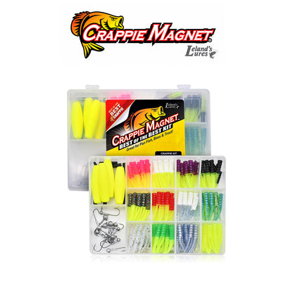 Leland's Lures Crappie Magnet Best of the Best 115-Piece Crappie Fishing Kit Assorted Colors with 96 Bodies, 15 Double Cross Jig Heads and 4 E-Z Floats
