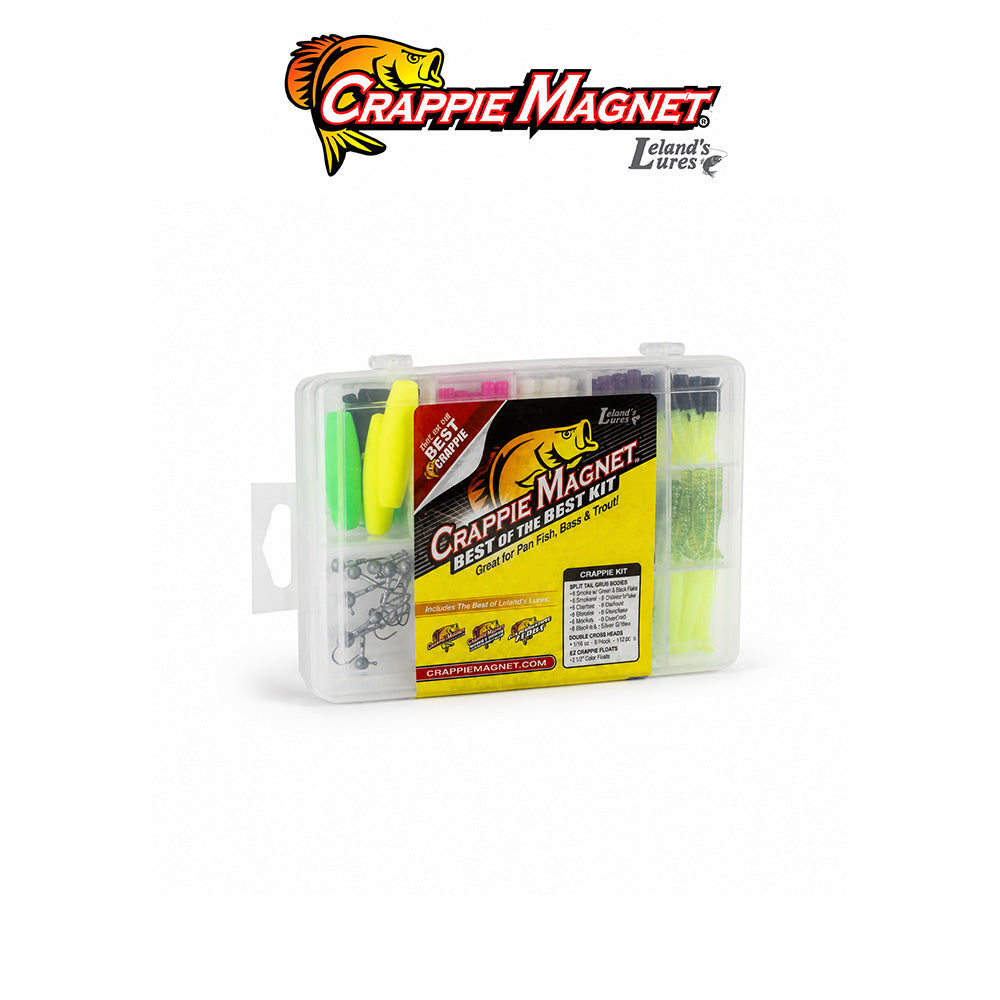 Leland's Lures Crappie Magnet Best of the Best 115-Piece Crappie Fishing Kit Assorted Colors with 96 Bodies, 15 Double Cross Jig Heads and 4 E-Z Floats