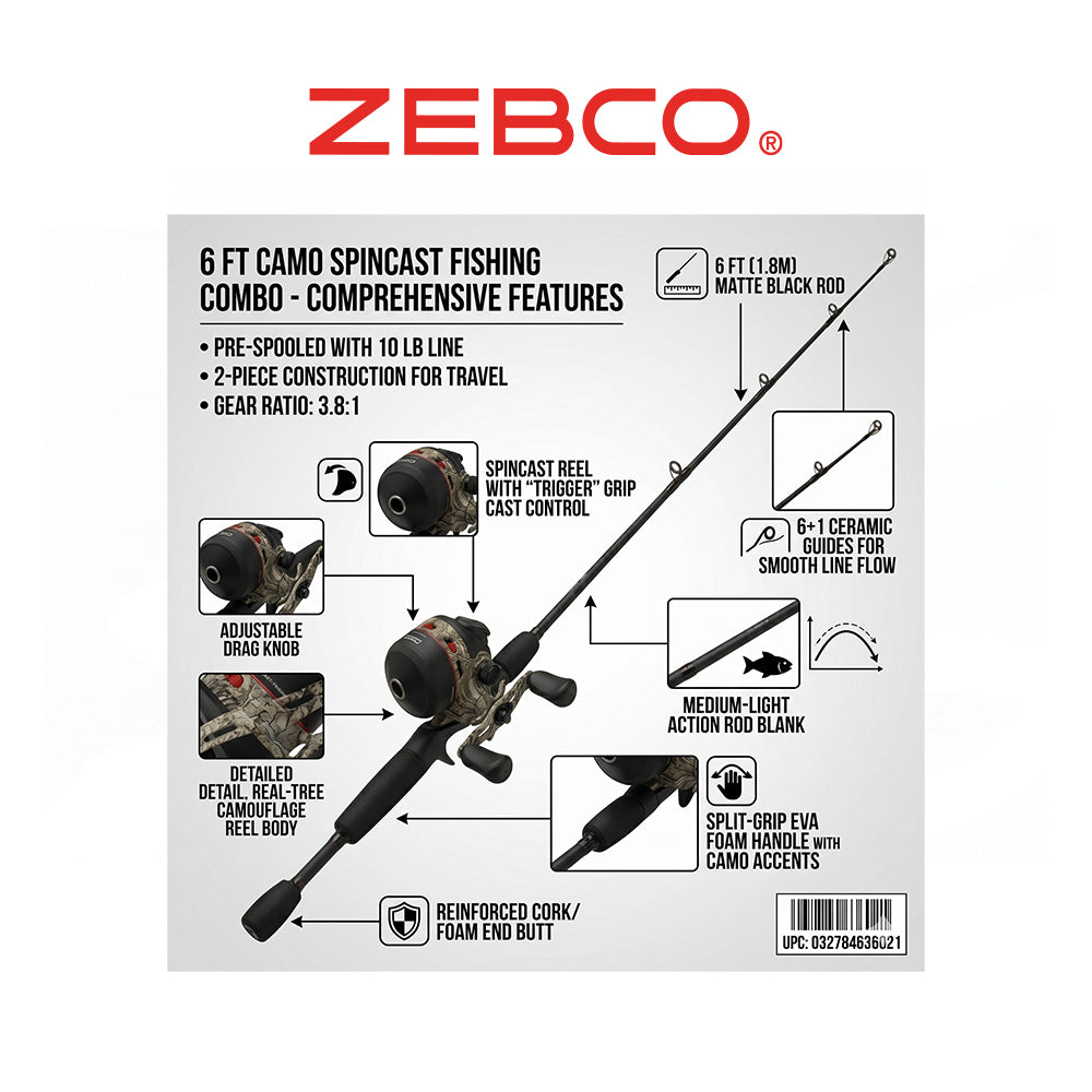 Zebco 33 Camo Spincast Reel and Fishing Rod Combo, 6ft 2-Piece Medium Action