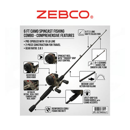 Zebco 33 Camo Spincast Reel and Fishing Rod Combo, 6ft 2-Piece Medium Action