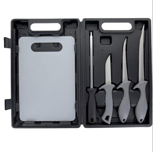5 Pc Fillet knife Kit With Cutting Board & Sharpening  Steel in Plastic Case