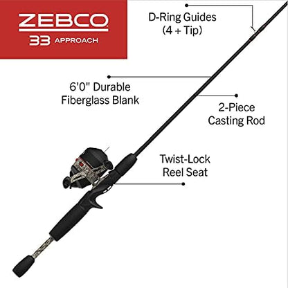 Zebco 33 Camo Spincast Reel and Fishing Rod Combo, 6ft 2-Piece Medium Action