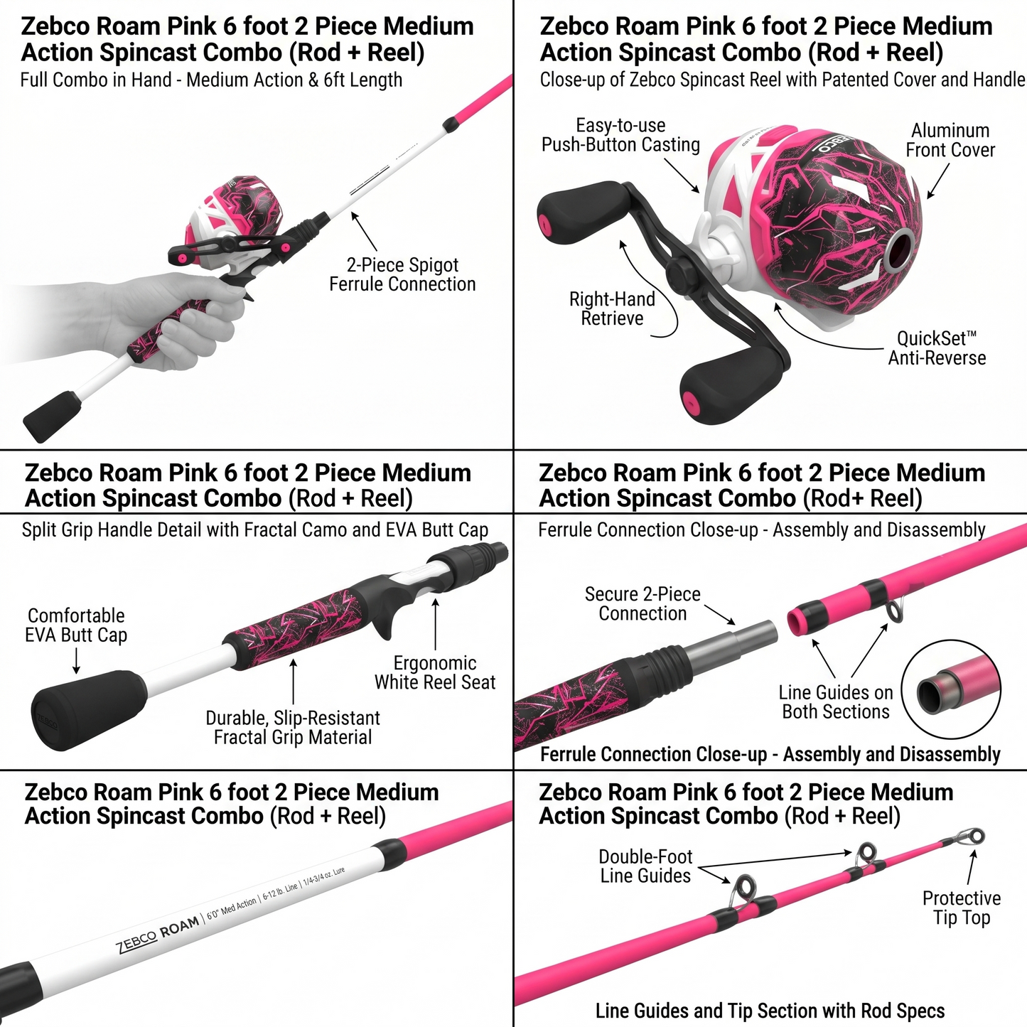Zebco Roam Spincast Reel and Fishing Rod Combo, Pink, 6-Foot 2-Piece Ambidextrous Handed