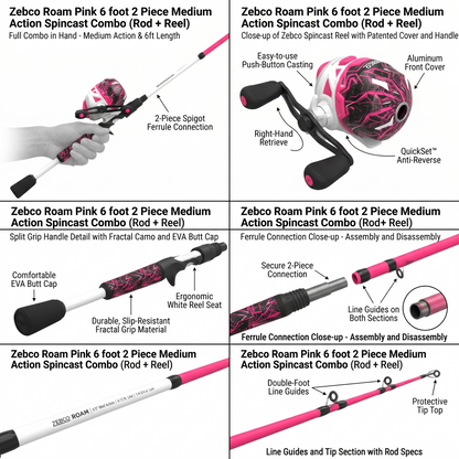 Zebco Roam Spincast Reel and Fishing Rod Combo, Pink, 6-Foot 2-Piece Ambidextrous Handed