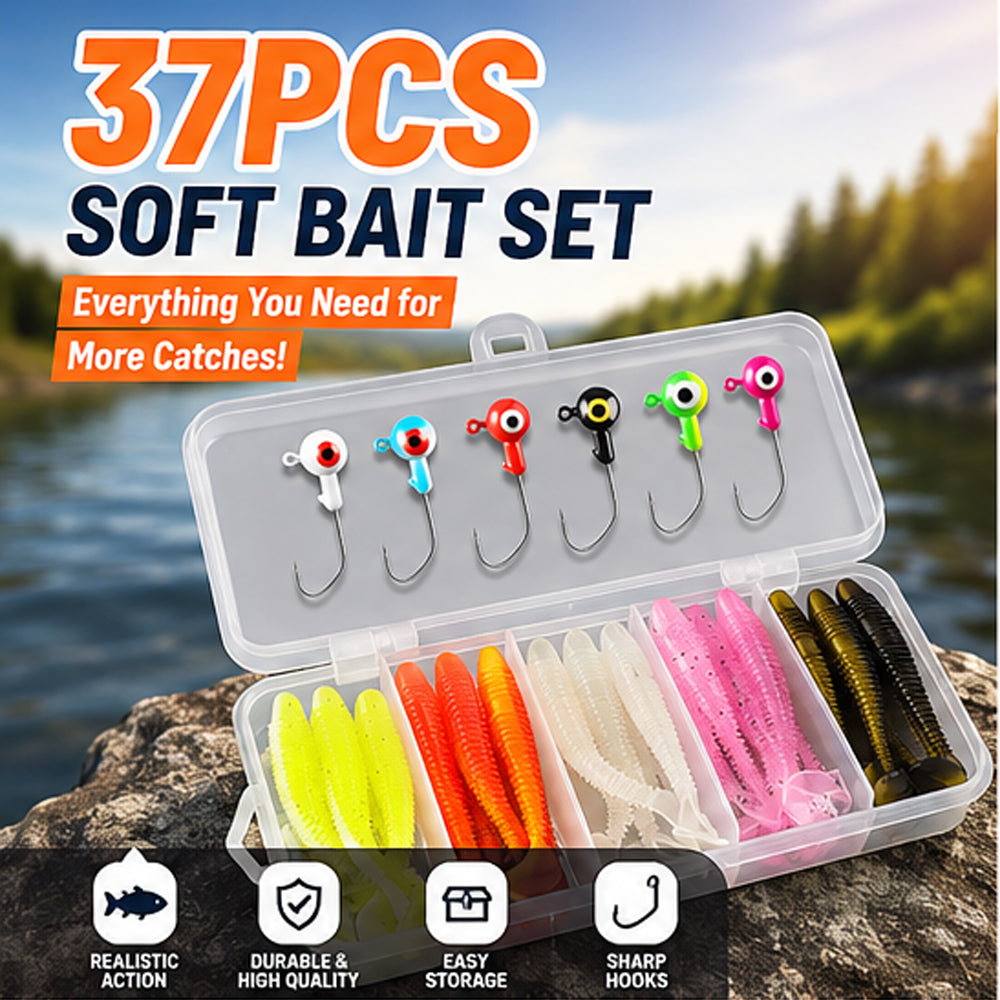 37-Piece Soft Plastic Swimbait & Jig Head Fishing Lure Kit with Tackle Box