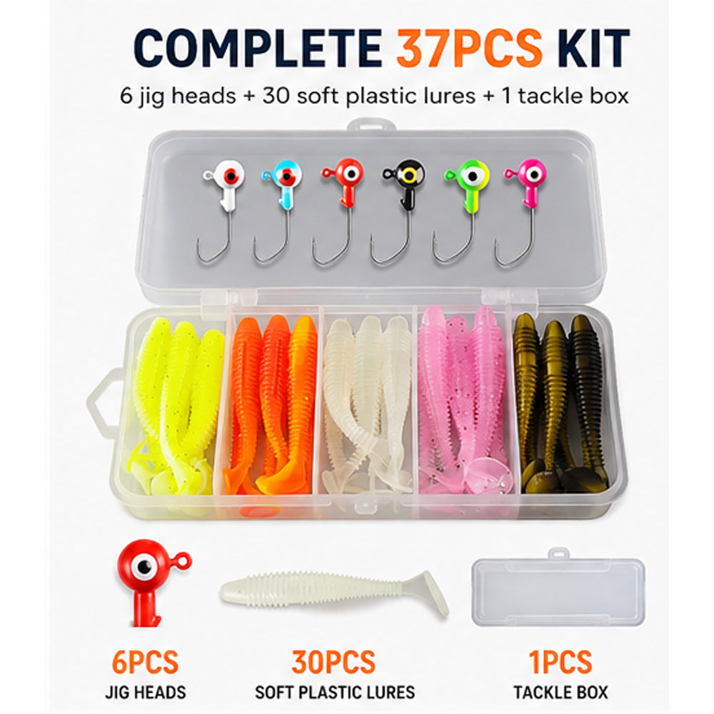 37-Piece Soft Plastic Swimbait & Jig Head Fishing Lure Kit with Tackle Box